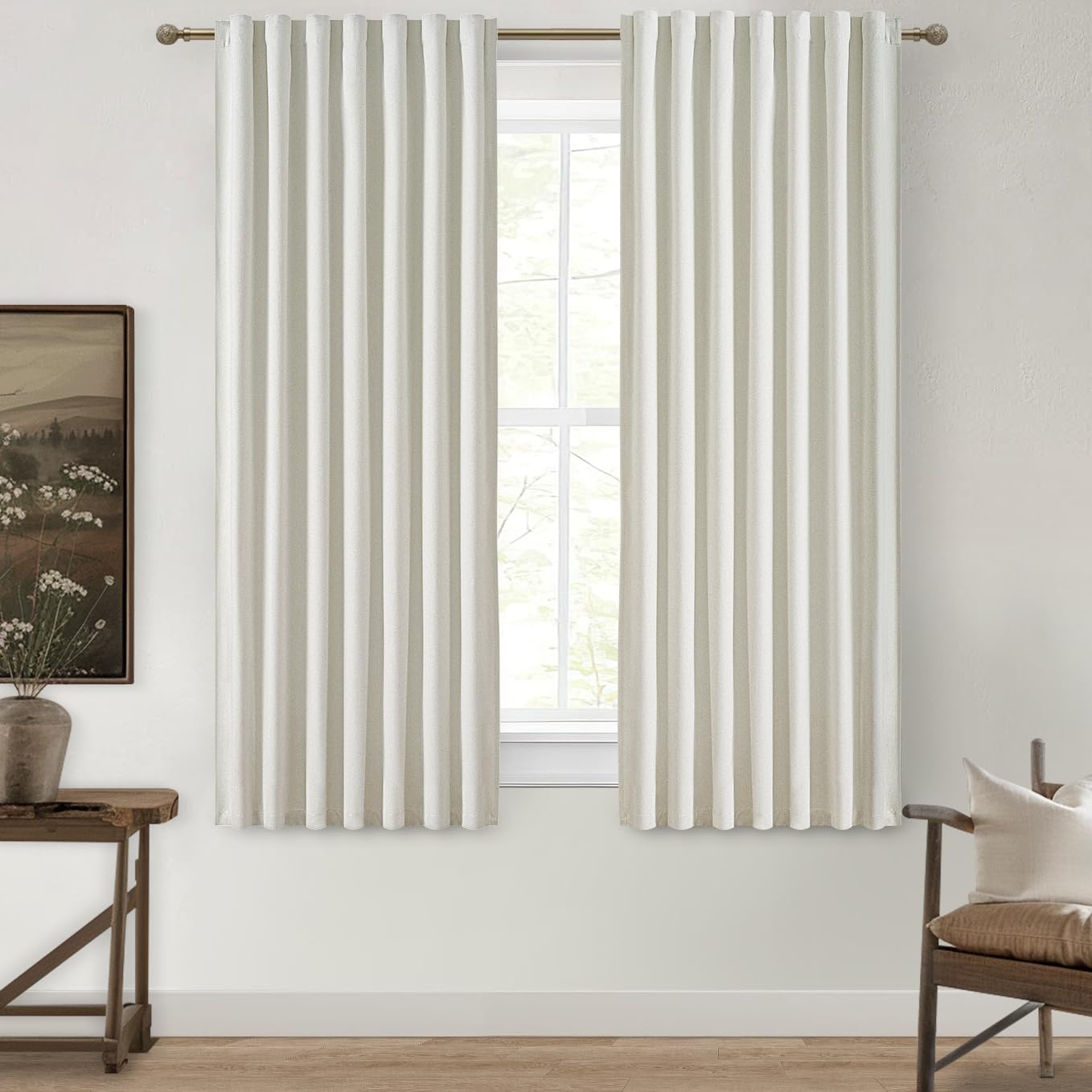 QJmydeco Pleated Curtains with Pin Hooks Linen Kitchen 45 Inch Length 2 Panels Set, Blackout Curtains with Rings Back Tab for Sm