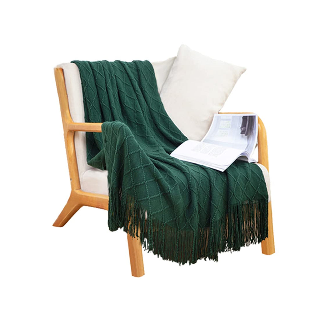 Soga Green Diamond Pattern Knitted Throw Blanket Warm Cozy Woven Cover Couch Bed Sofa Home Decor With Tassels