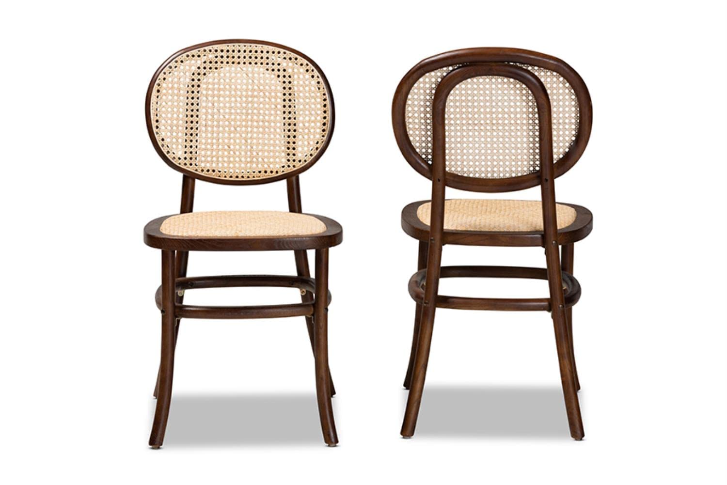 Baxton Studio Garold Mid-Century Modern Brown Woven Rattan and Walnut Brown Wood 2-Piece Cane Dining Chair Set