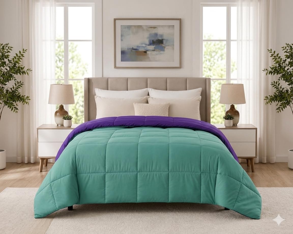 EssaBella Comfort Nest Solid Reversible Micro Polyester Comforter, 300 GSM, Ultra Soft, Double Bed, 228 x 200 cm  Sea Green & I