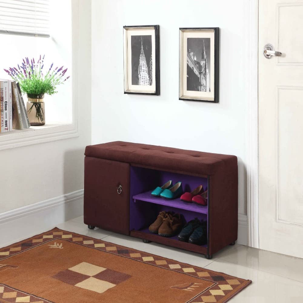 HomeRoots Wood, Polyurethane Foam: 97%, Polyester Fabric: 3% Brown and Purple Tufted Shoe Storage Bench