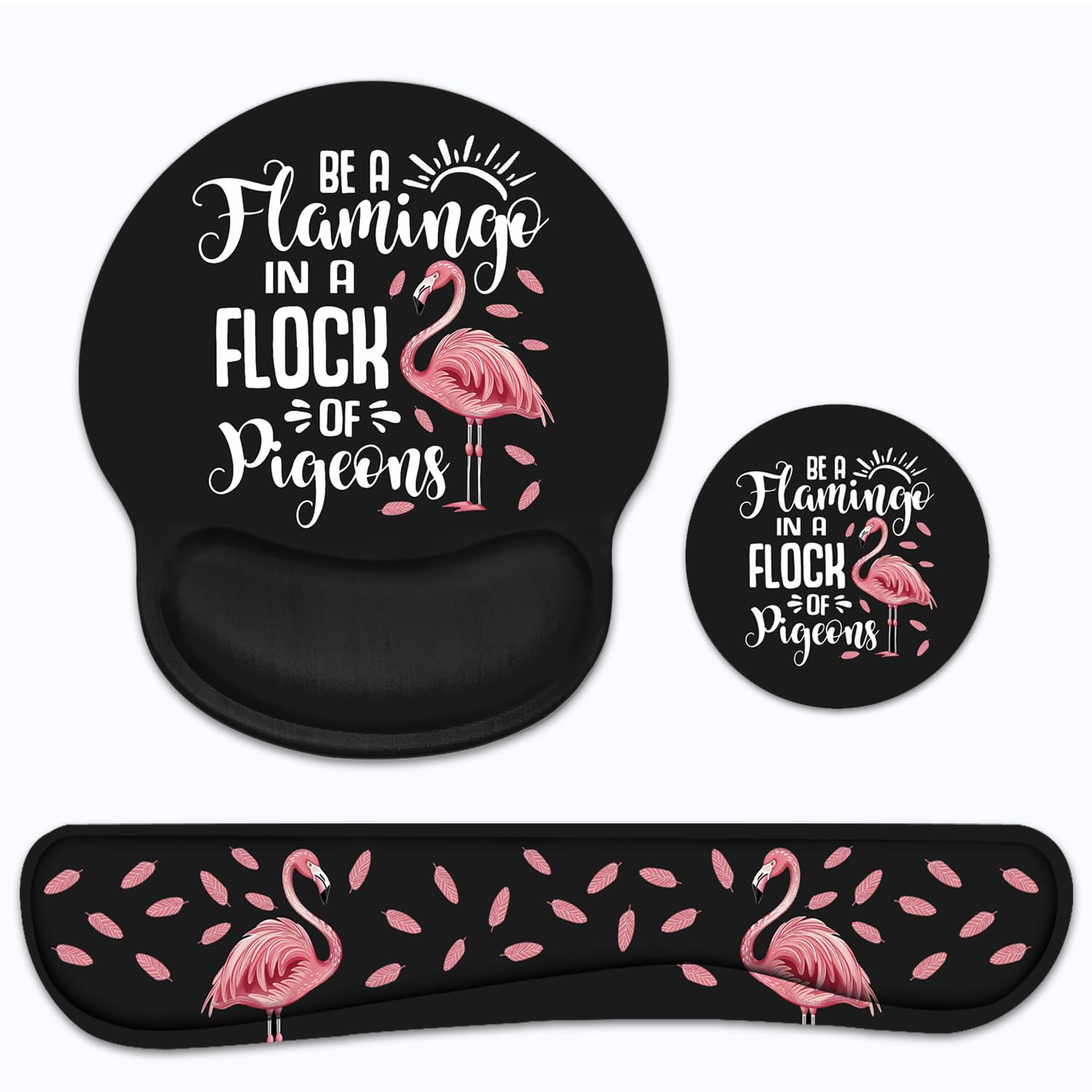 Keyboard Wrist Rest And Mouse Pad Wrist Support Set With Coasters, Be A Flamingo In A Flock Pigeons Inspirational Quote With Non