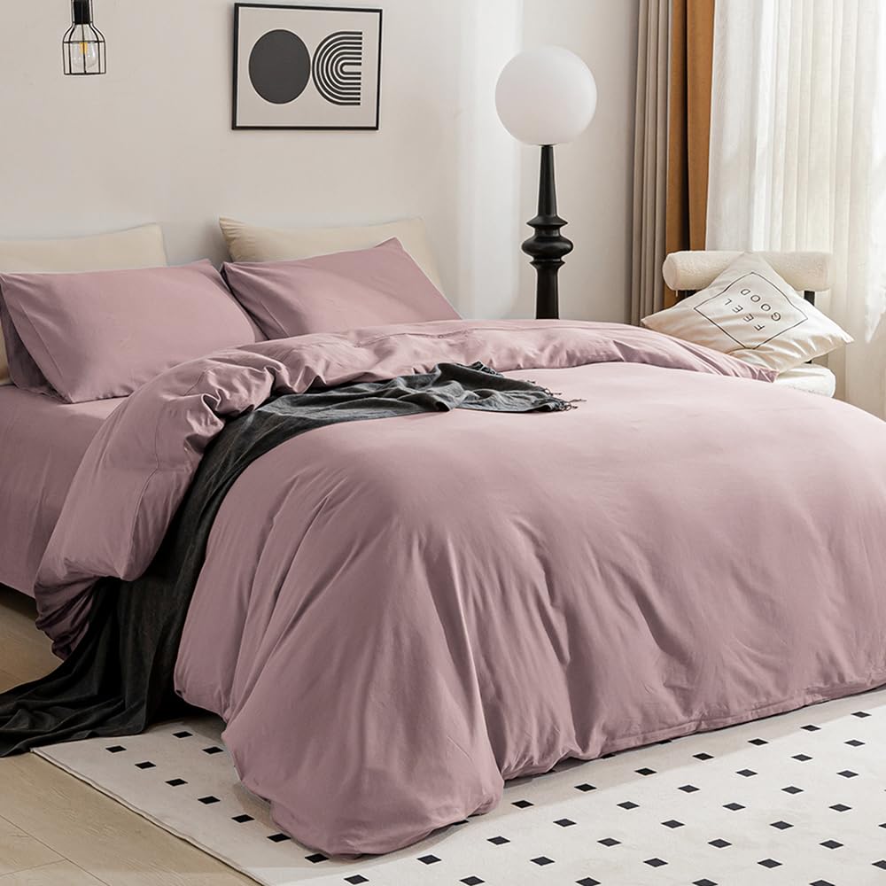Jellymoni Mauve Duvet Cover King Size - 100% Washed Cotton Linen Feel Textured Comforter Cover, 3 Pieces Breathable Soft Bedding