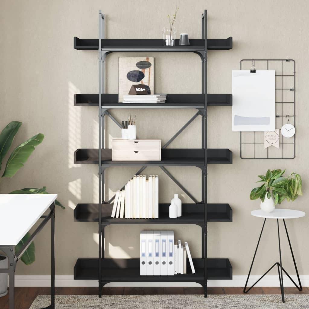 vidaXL 5-Tier Black Engineered Wood Bookcase - Spacious Home/Office Storage Solution with Industrial-Style Metal Frame