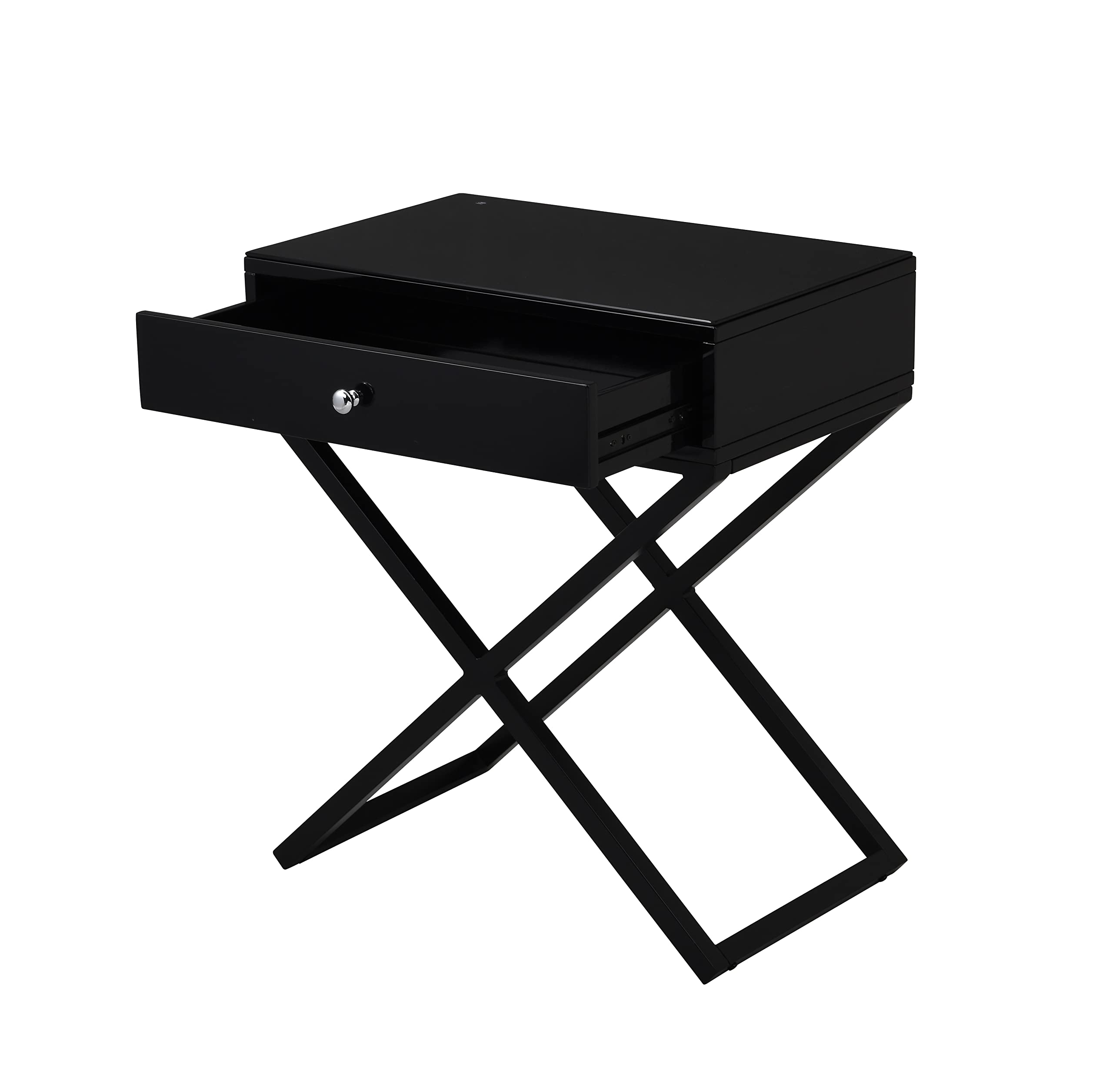 Lilola Home Koda Black Wooden End Side Table Nightstand with Glass Top, Drawer and Metal Cross Base