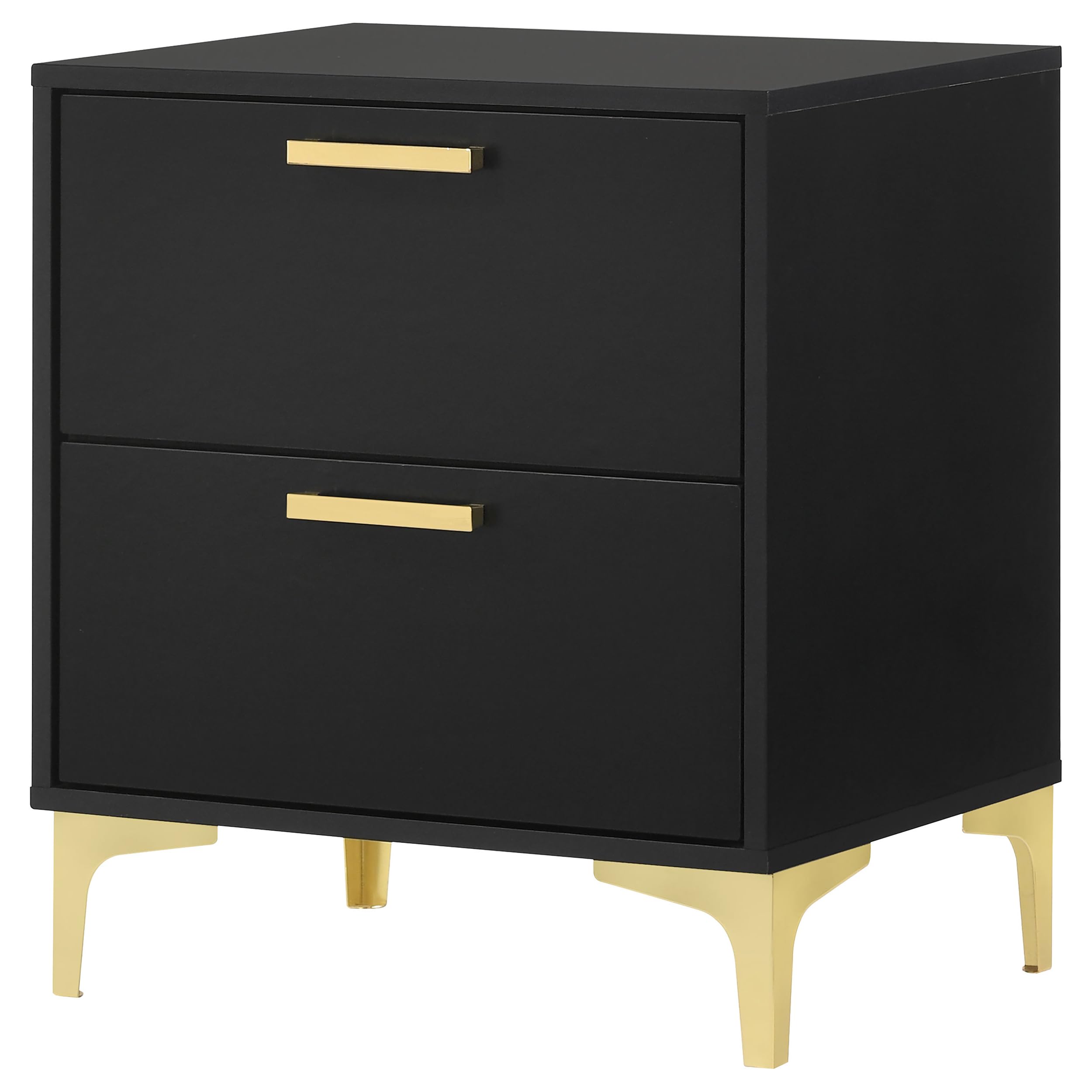 Coaster Home Furnishings Kendall 2-Drawer Contemporary Nightstand Bedroom Storage Cabinet Bedside Table Engineered Wood Eco-Friendly Laminate with Gold Metal Legs and Handles Black 224452