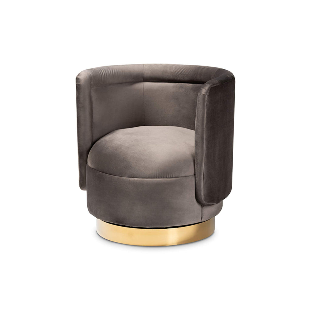 Baxton Studio Saffi Glam and Luxe Grey Velvet Fabric Upholstered Gold Finished Swivel Accent Chair
