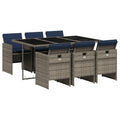 vidaXL Patio Dining Set/Outdoor Furniture/Garden Dining Set/7 Piece Gray Poly Rattan - Cushioned Seats - Tempered Glass Tabletop - Chairs with Foldable Backs - PE Rattan & Powder-Coated Steel