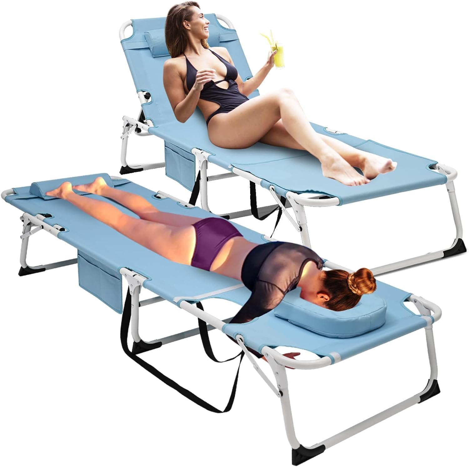 ABORON Patio Lounge Chair, Sun Tanning Bed, Folding Heavy Duty Chaise with 500LB Load Capacity, Adjustable Portable Chair for Ho