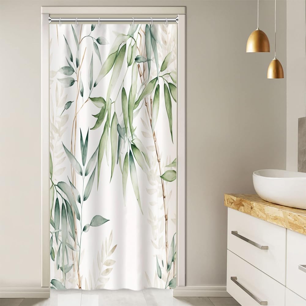 Ruelvth Stall Shower Curtain, Green Bamboo Small Shower Curtain Set Waterproof Fabric Aesthetic Green And White Botanical Bathro
