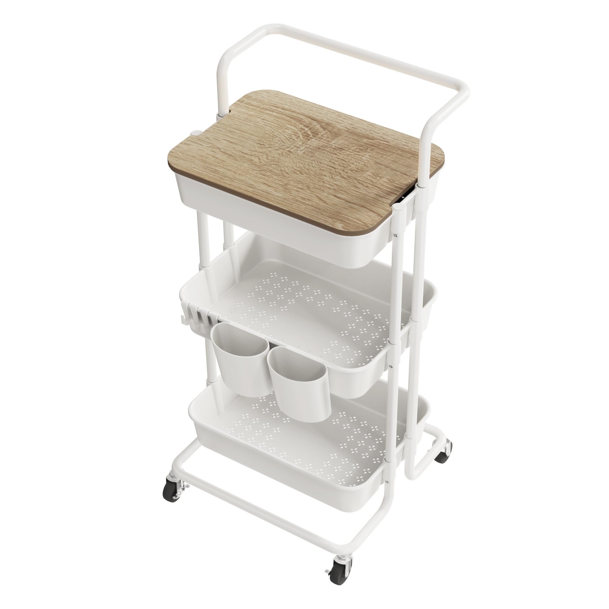 DTK 3 Tier Rolling Utility Cart with Cover Top Board, Movable Kitchen Storage Cart Trolley with Lockable Wheels, Cups, Hooks for