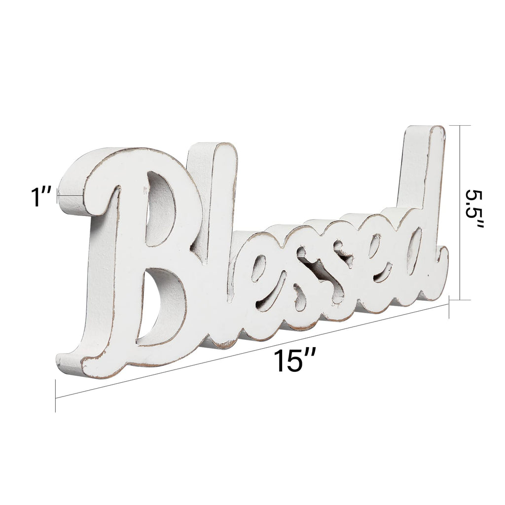 Sintosin Rustic White Wooden Blessed Sign For Tabletop 15', Wall Hanging Farmhouse Blessed Signs For Home Decor, Handmade Thank