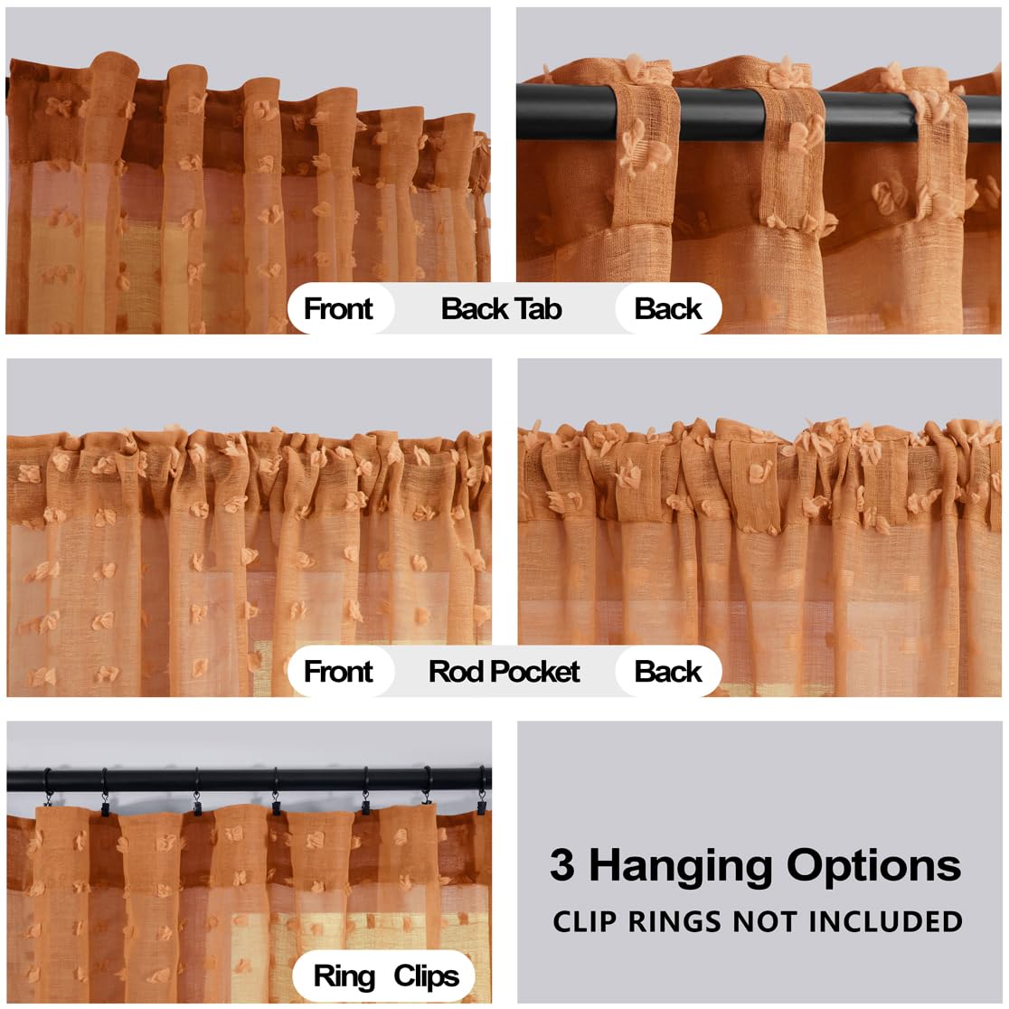 Koufall Burnt Orange Back Tab Rod Pocket Pom Pom Sheer Curtains For Living Room 52X63 Inches Long