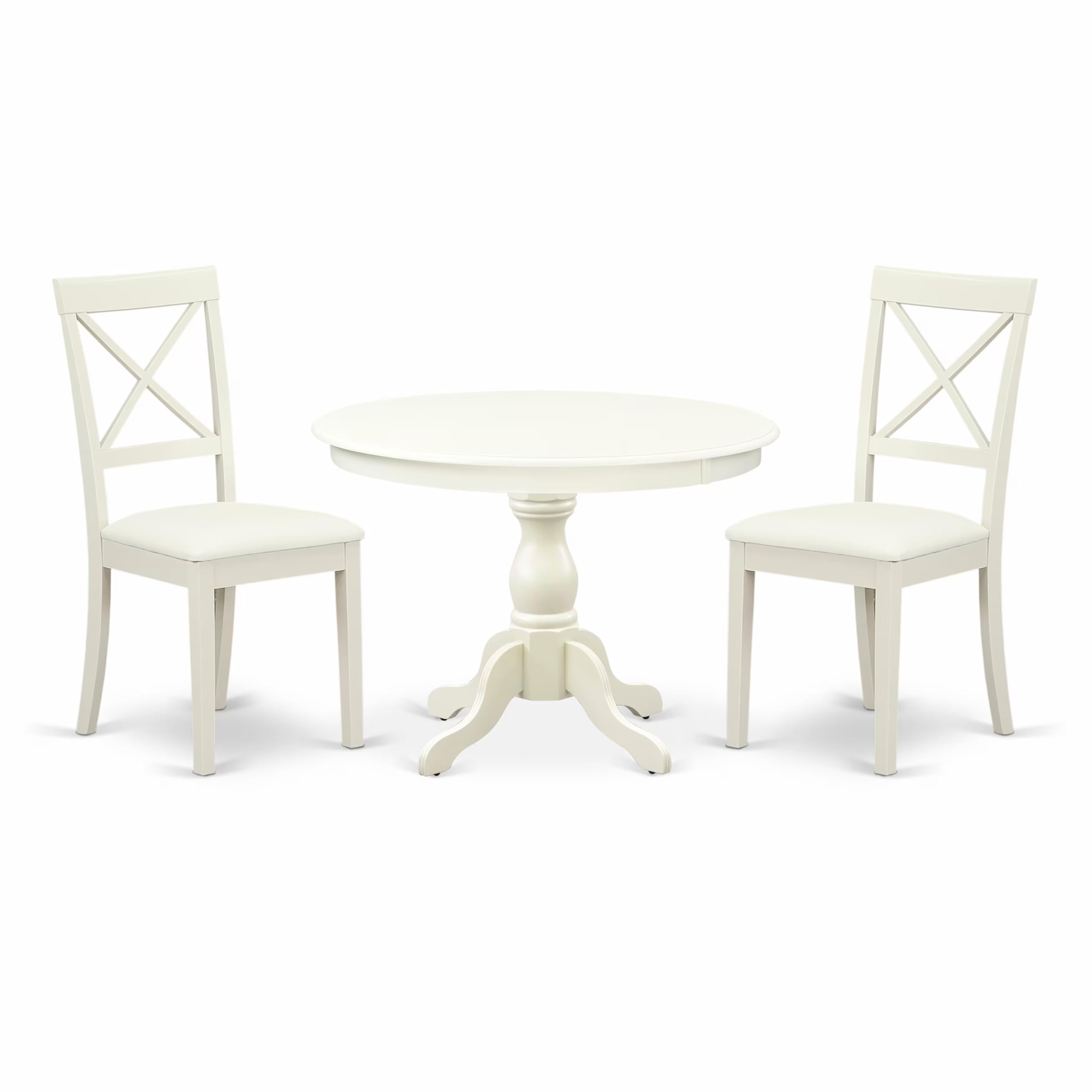East West Furniture HBBO3-LWH-C 3 Piece Modern Dining Table Set Contains a Round Wooden Table with Pedestal and 2 Linen Fabric Kitchen Dining Chairs, 42x42 Inch, Linen White