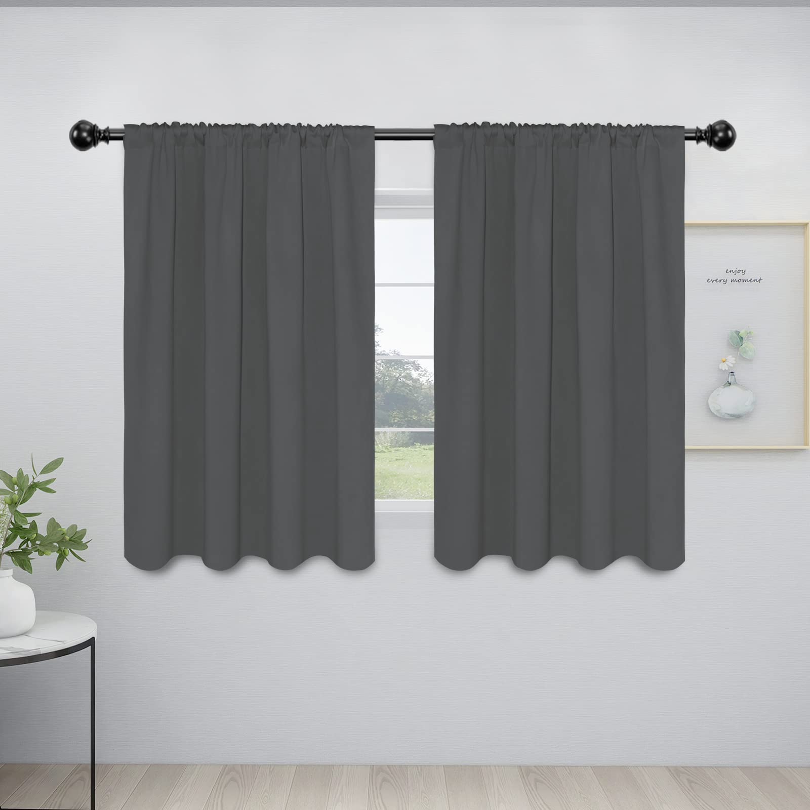 Easy-Going Rod Pocket Blackout Curtains For Bedroom, Room Darkening Window Curtains For Living Room, Thermal Insulated Noise Reduction Solid Window Drapes, 2 Panels(42X45 In, Gray)
