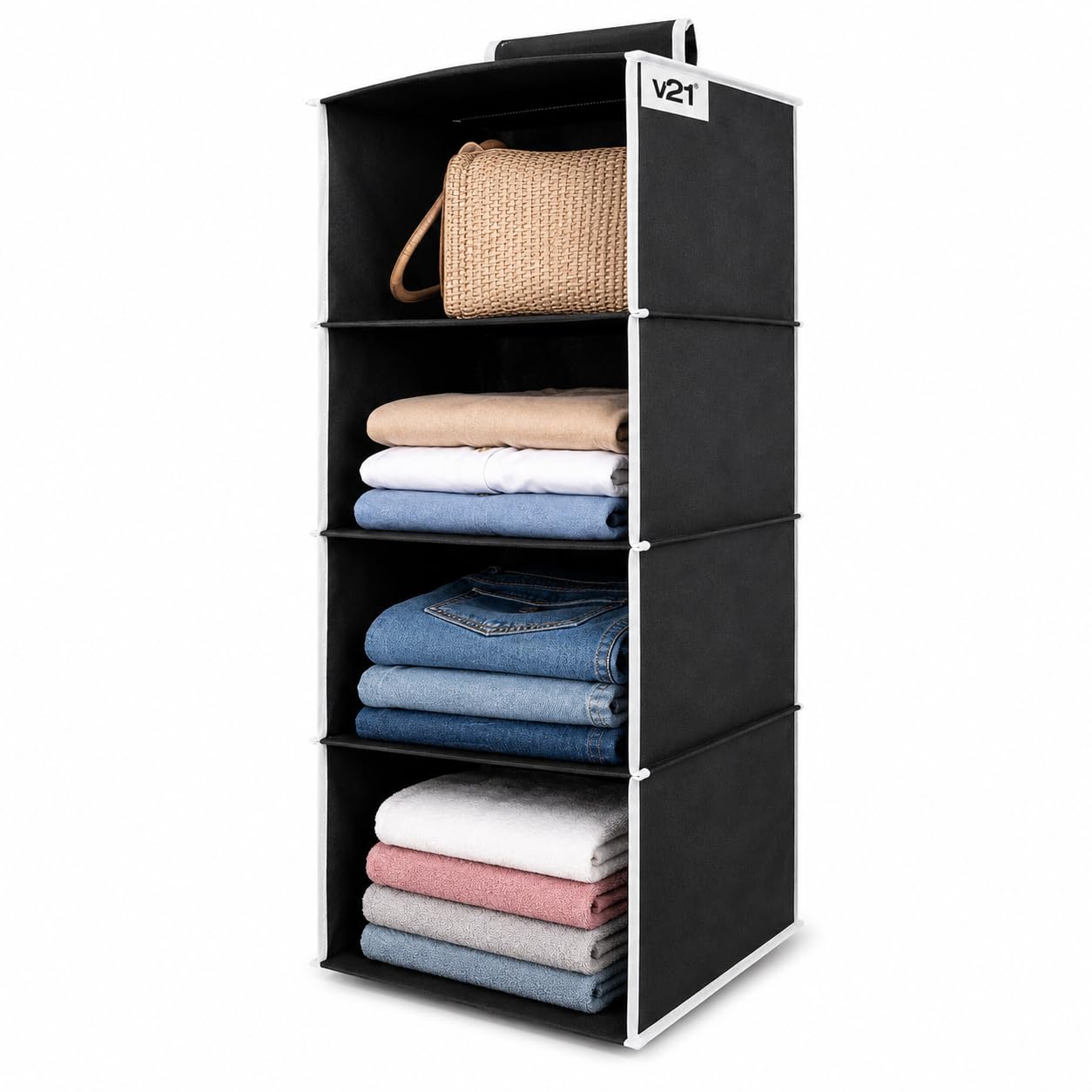 V21 4Shelf Hanging Closet Organiser | Foldable NonWoven Fabric Wardrobe Storage Shelves For Clothes & Accessories | Space Savi