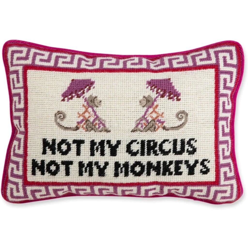 Furbish Needlepoint Decorative Throw Pillow - Not My Circus Not My Monkeys, Small Embroidered Accent Pillow For Bed, Chair, Couc