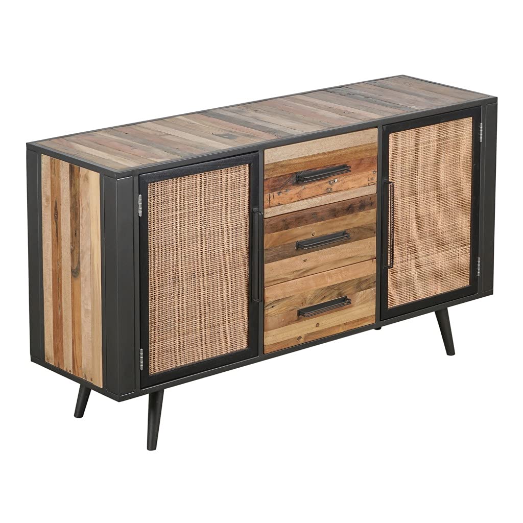 HomeRoots Recycled Boat Wood, Split Rattan & Iron 63' Modern Rustic Black Natural and Rattan Buffet Server