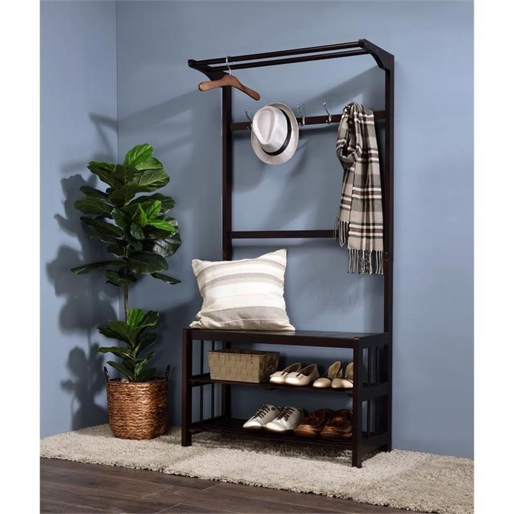 Acme Pieria Wooden Hall Tree with 5 Hooks and 2 Cloth Rods in Espresso