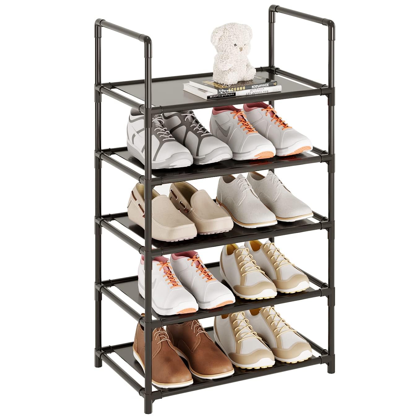 Vockot 5 Tier Stackable Small Shoe Rack,Narrow Sturdy Shoe Shelf Organizer, Non-Woven Fabric Metal Free Standing Shoe Racks for 