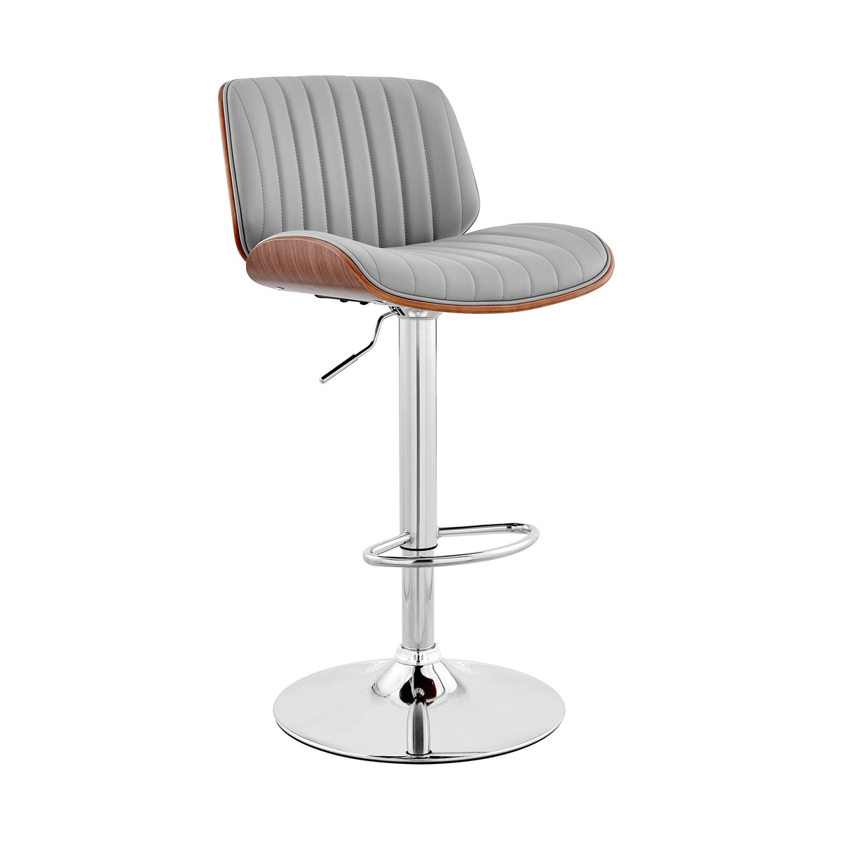 HomeRoots Metal/Plywood/Faux Leather Adjustable Gray Faux Leather Chrome and Walnut Bar Stool