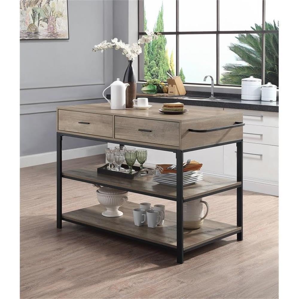 Acme Macaria Wooden 2-Shelf Kitchen Island in Rustic Oak and Black