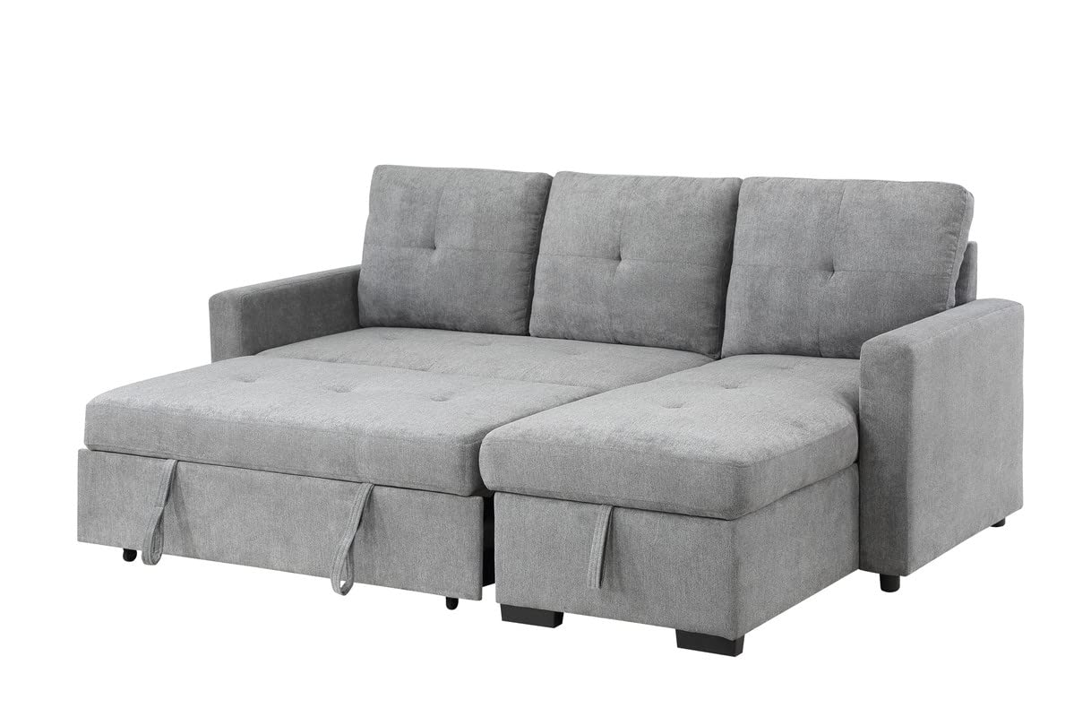 Lilola Home Serenity Gray Fabric Reversible Sleeper Sectional Sofa with Storage Chaise