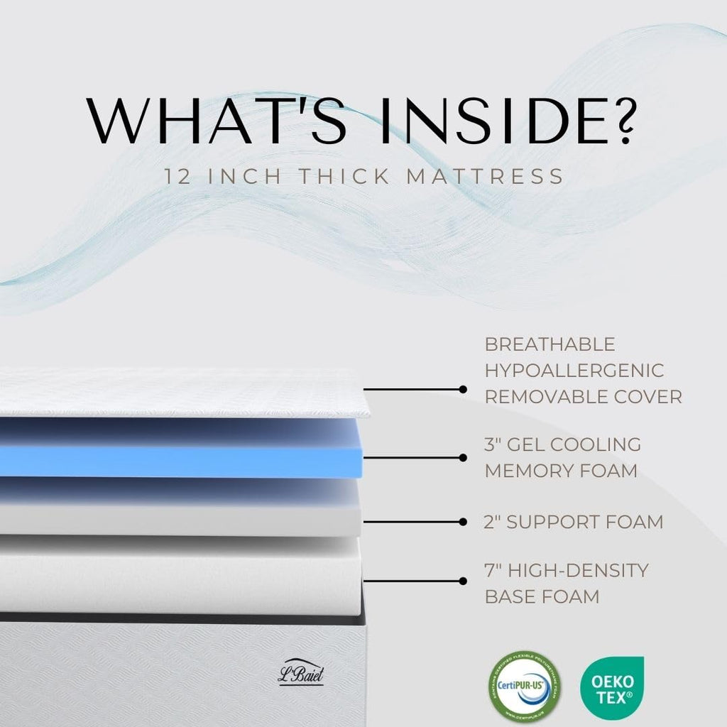 Lbaiet 12    Gel Memory Foam Mattress, Full Size/Bed In A Box/Medium Firm/Breathable Cooling-Gel Comfort Technology/Pressure Rel