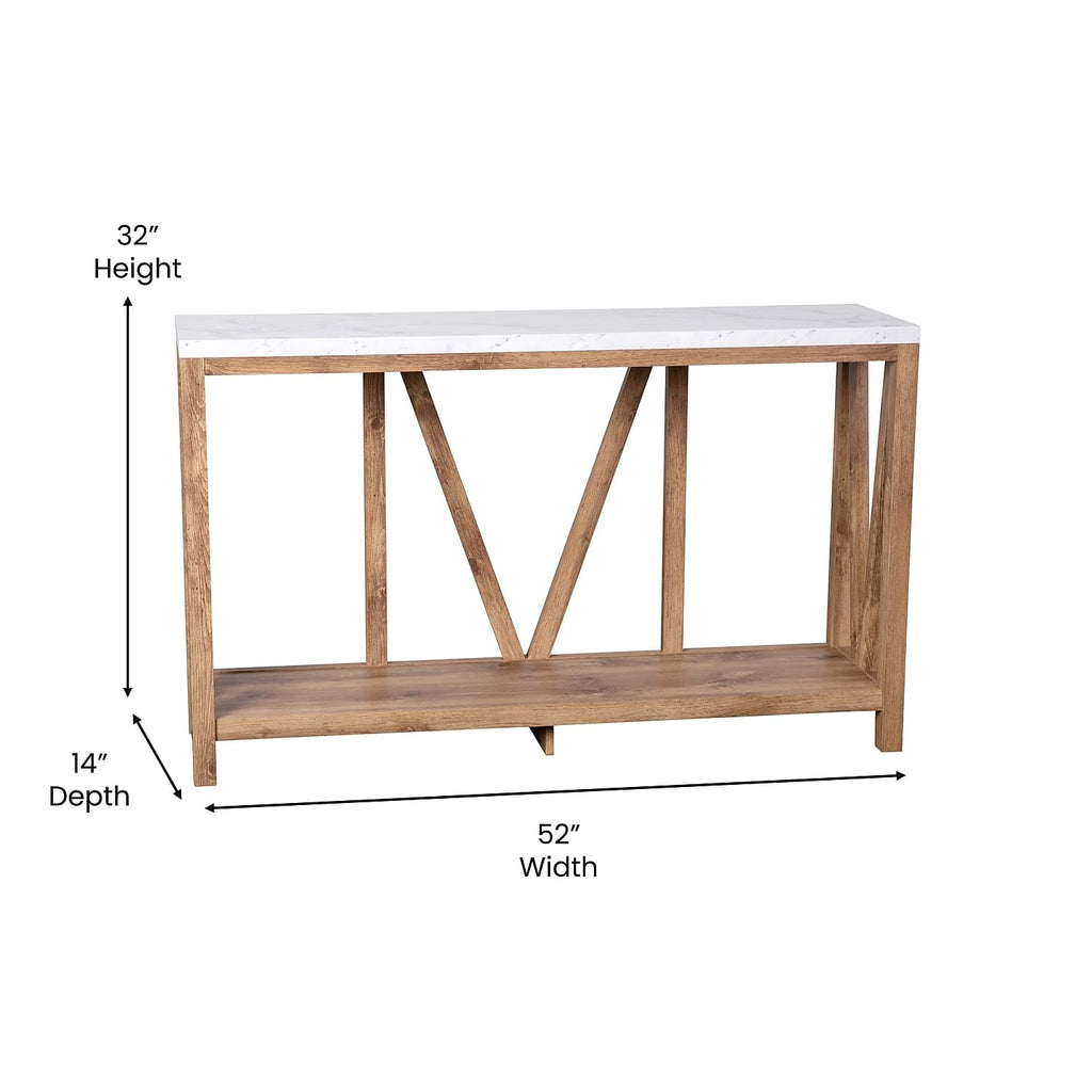 Flash Furniture Charlotte Farmhouse 2-Tier Console Table - Warm Oak Finish Engineered Wood Frame - Marble Finish Tabletop - For Entryway or Living Room