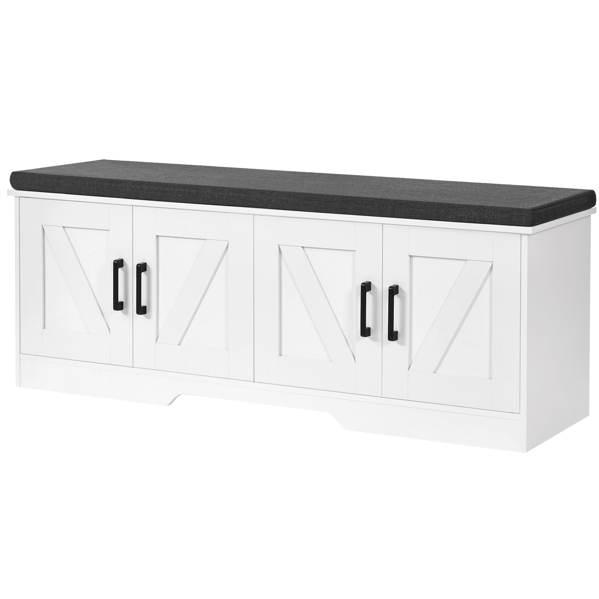Homsho 2-Tier Storage Bench, Shoe Bench With Padded Seat Cushion, Entryway Bench With 4 Barn Doors, Adjustable Shelf, 13.8' D X 47.2' W X 17.7' H, For Entryway, Living Room, Bedroom, White