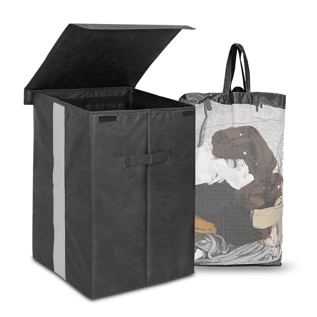 PrettyKrafts 53L Plywood, Linen Rectangular Foldable Laundry Bag with Lid & Detachable Net Bag, Freestanding Clothes Hamper, Sto