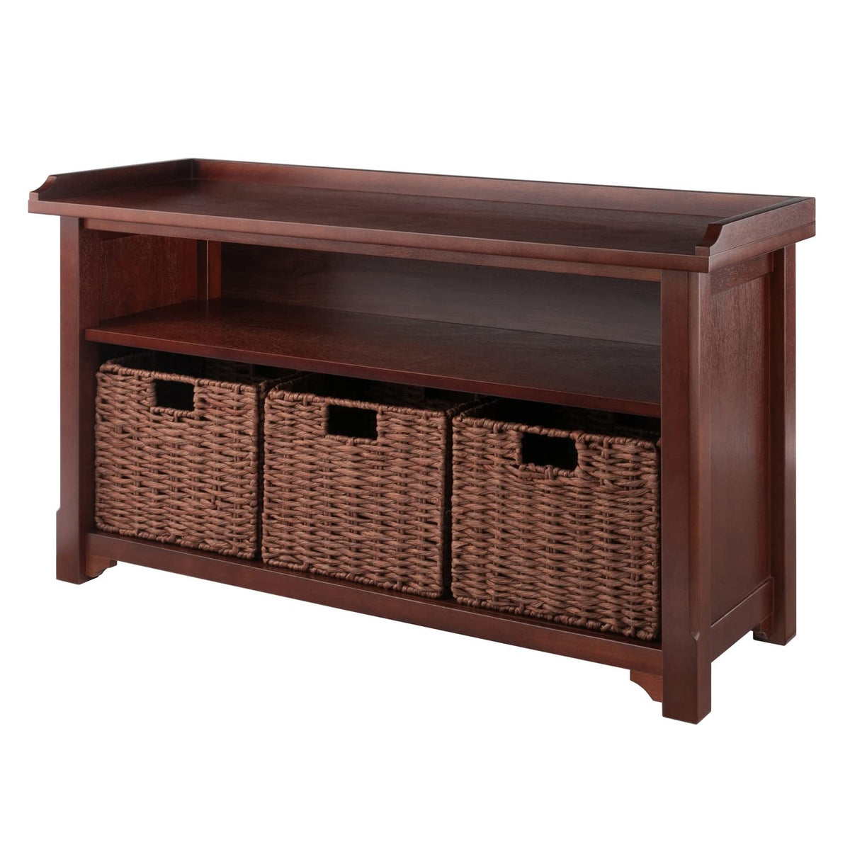 Winsome Wood Milan 4-Pc Storage Bench with 3 Foldable Woven Baskets - Walnut