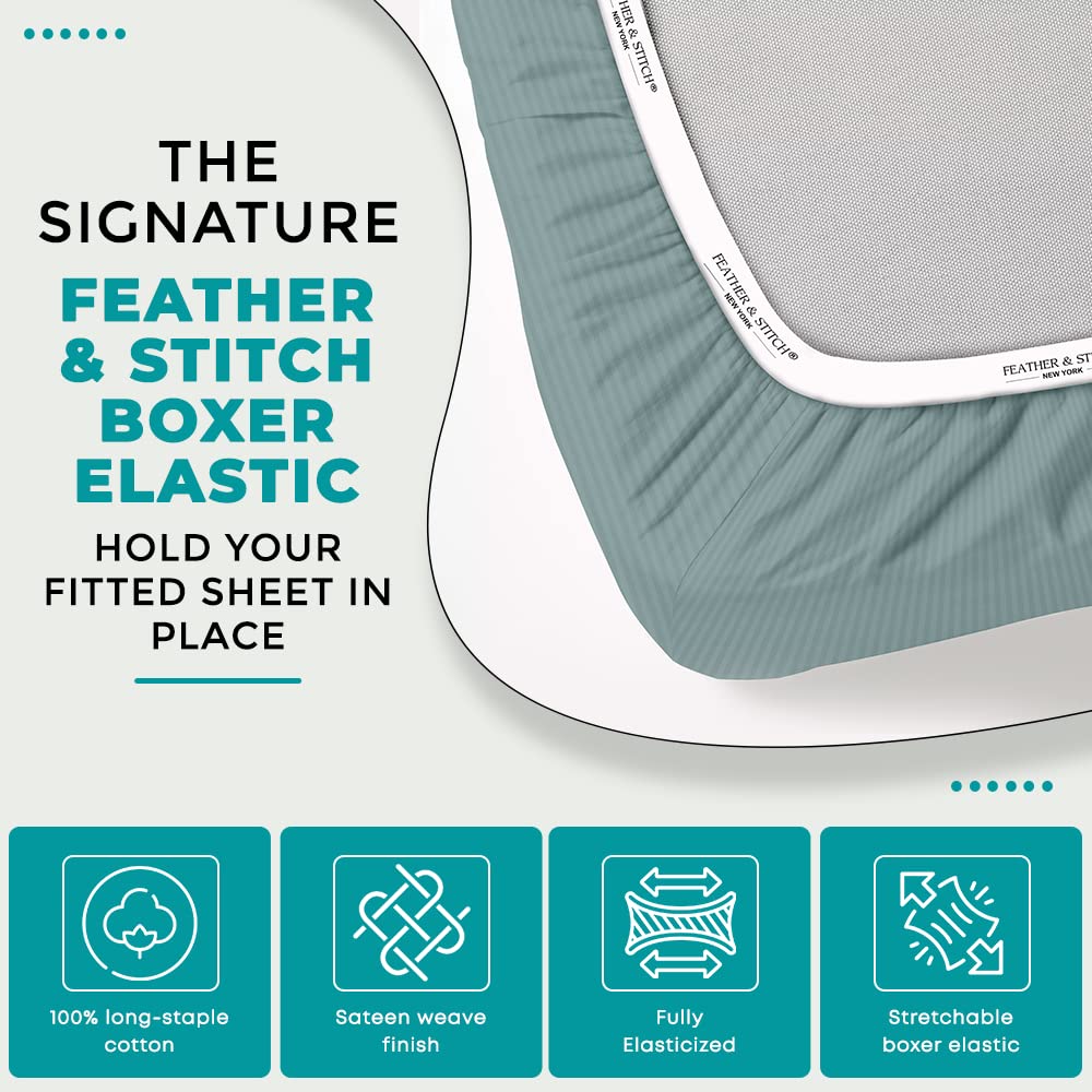 Feather & Stitch 100% Cotton 1 Piece Damask Stripe Twin Fitted Sheet 500 Thread Count Granite Green 18' Extra Deep Pocket Sateen Weave Stretchable Boxer Elastic Fits Mattress Perfectly