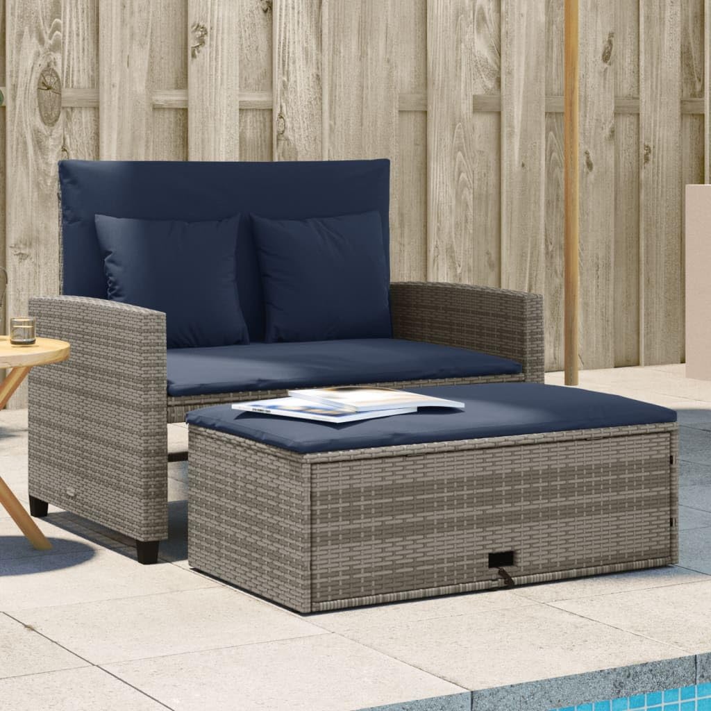 vidaXL Patio Sofa with Cushions, 2-Seater Storage Garden Bench in Gray Poly Rattan, Flexible Sofa Bed, Outdoor Footstool, Navy Blue Cushions, Reclining Backrest, 45.3&quot; Garden Lounger