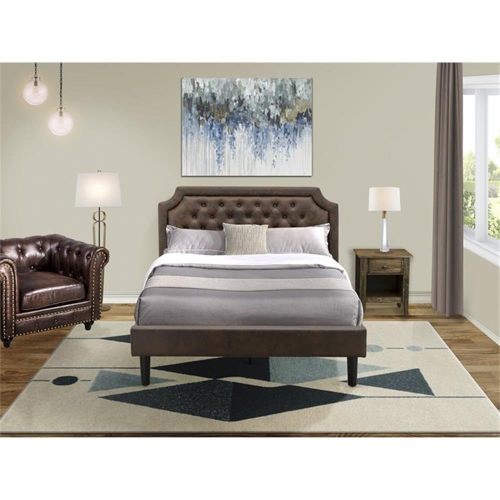 East West Furniture GB25Q-1GA07 2-Piece Granbury Wooden Set for Bedroom with Button Tufted Modern Bed and 1 Distressed Jacobean Night Stand - Dark Brown faux Leather with Black Texture and Black Legs