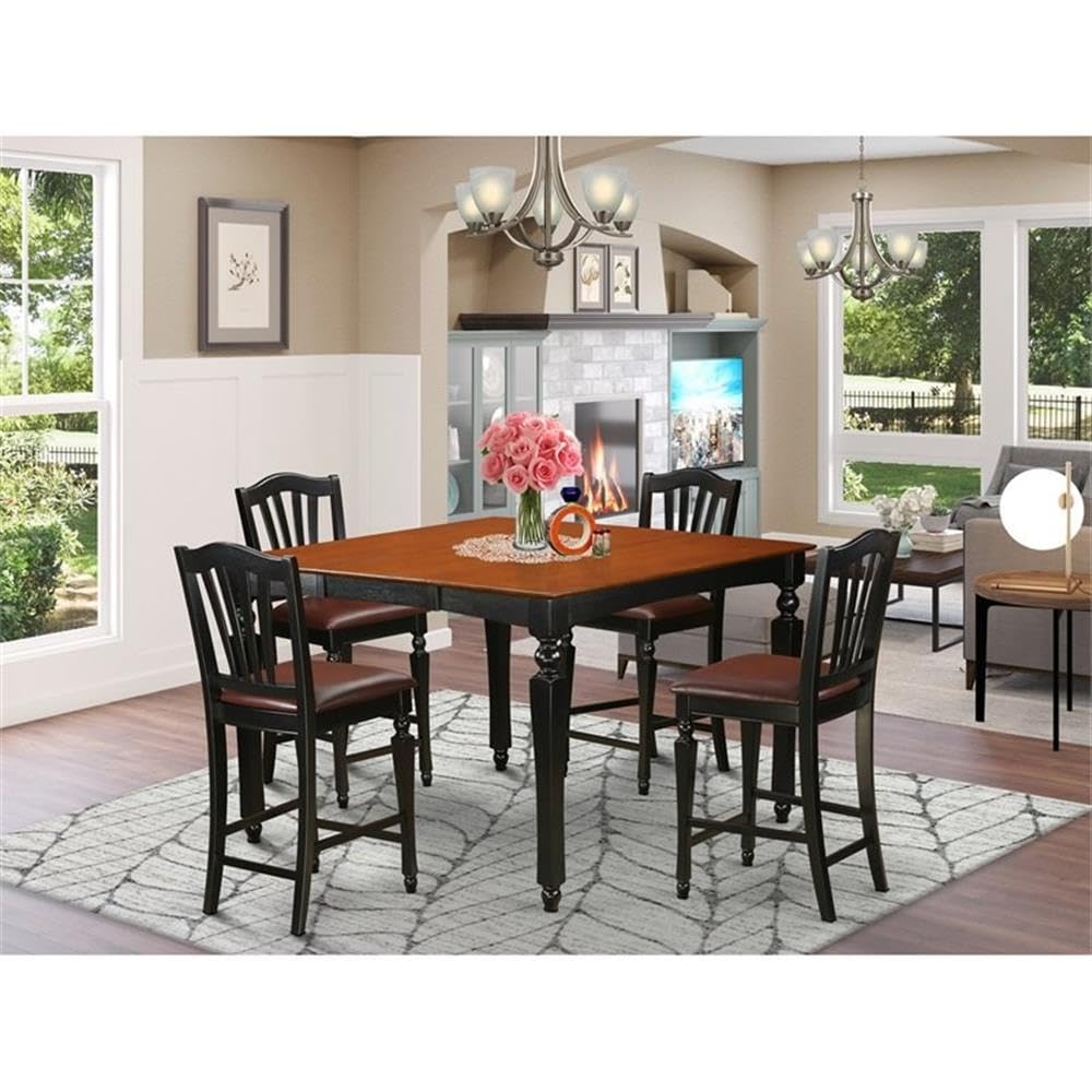East West Furniture CHEL5-BLK-LC 5 Piece Counter Height Dining Table Set Includes a Square Kitchen Table with Butterfly Leaf and 4 Faux Leather Upholstered Chairs, 54x54 Inch, Black & Cherry
