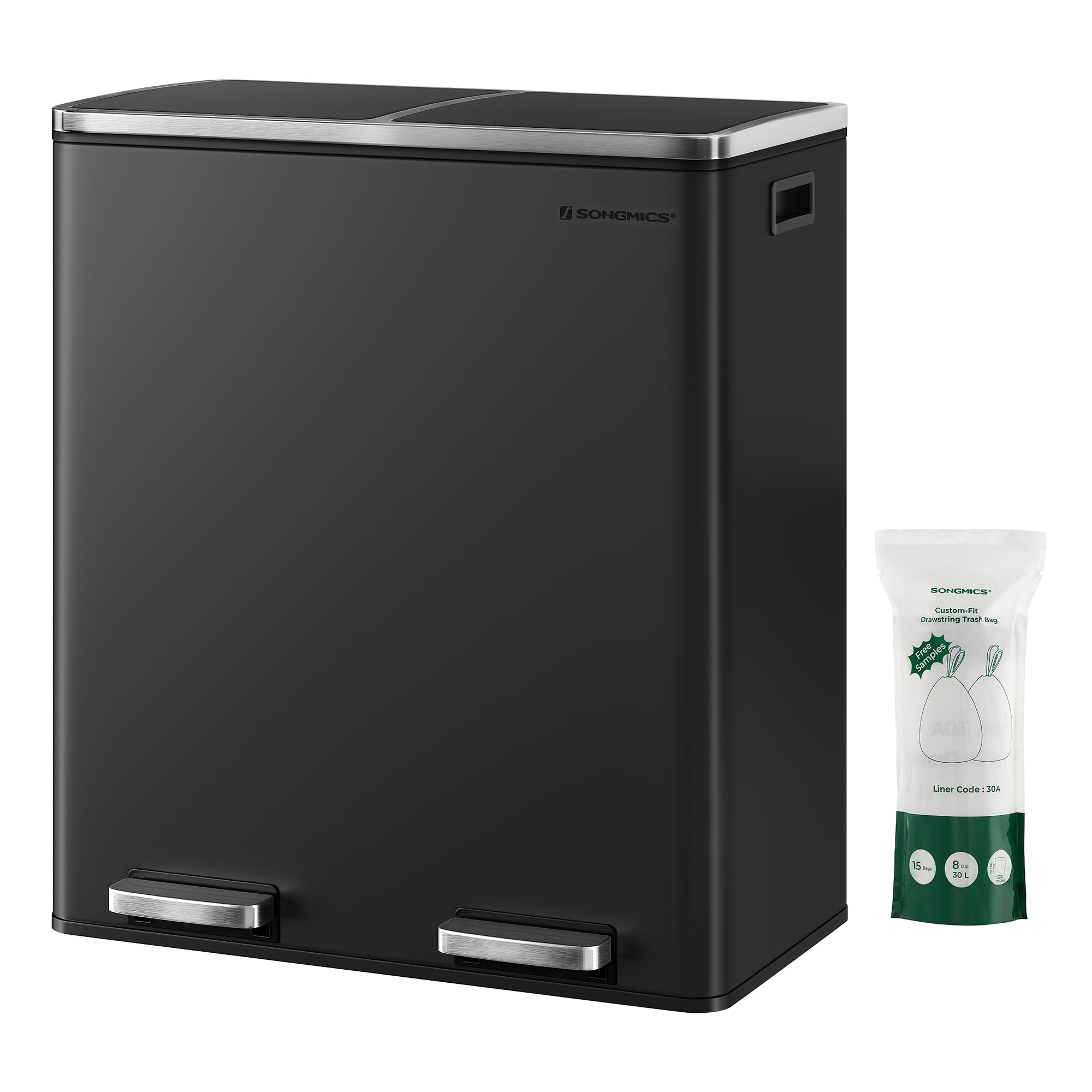 SONGMICS, Plastic, Hinged Lids, Handles Dual Garbage Can, 16 Gal (60L) Rubbish 15 Trash Bags, Metal Step Bin, with Inner Buckets