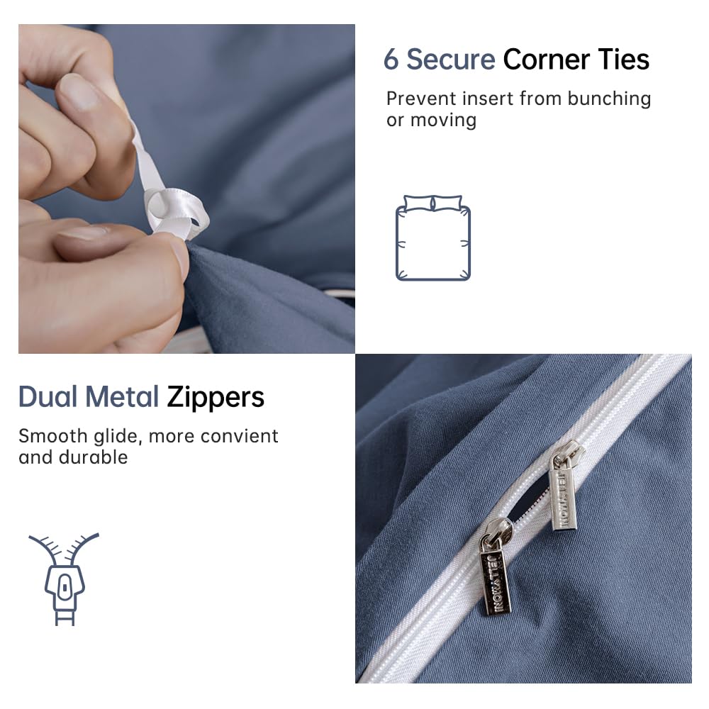 Jellymoni Blue Duvet Cover King Size - 100% Washed Cotton Linen Like Textured Comforter Cover, 3 Pieces Lightweight Soft Bedding