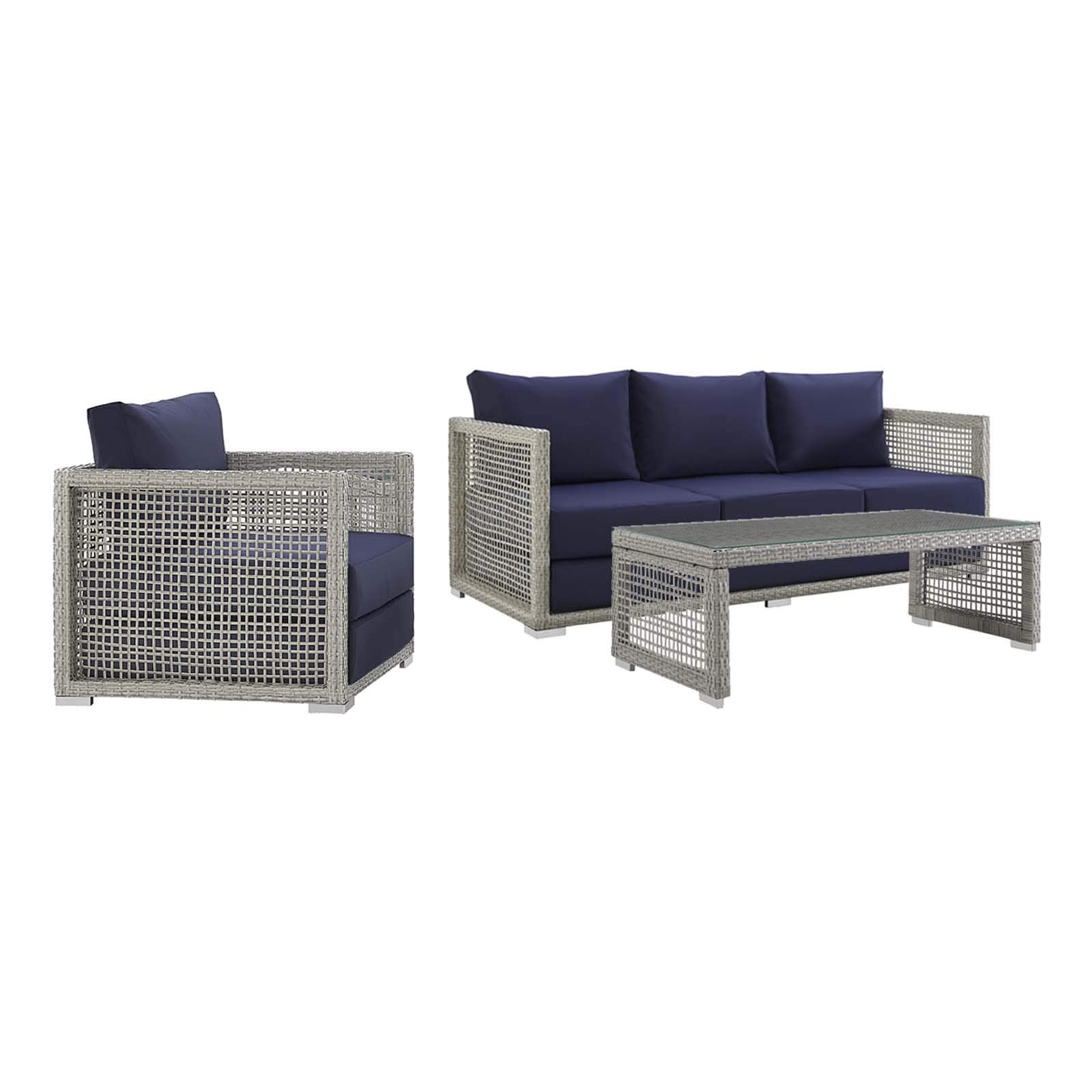 Modway Aura Outdoor Patio Wicker Rattan, Sofa, Armchair And Coffee Table, Gray Navy