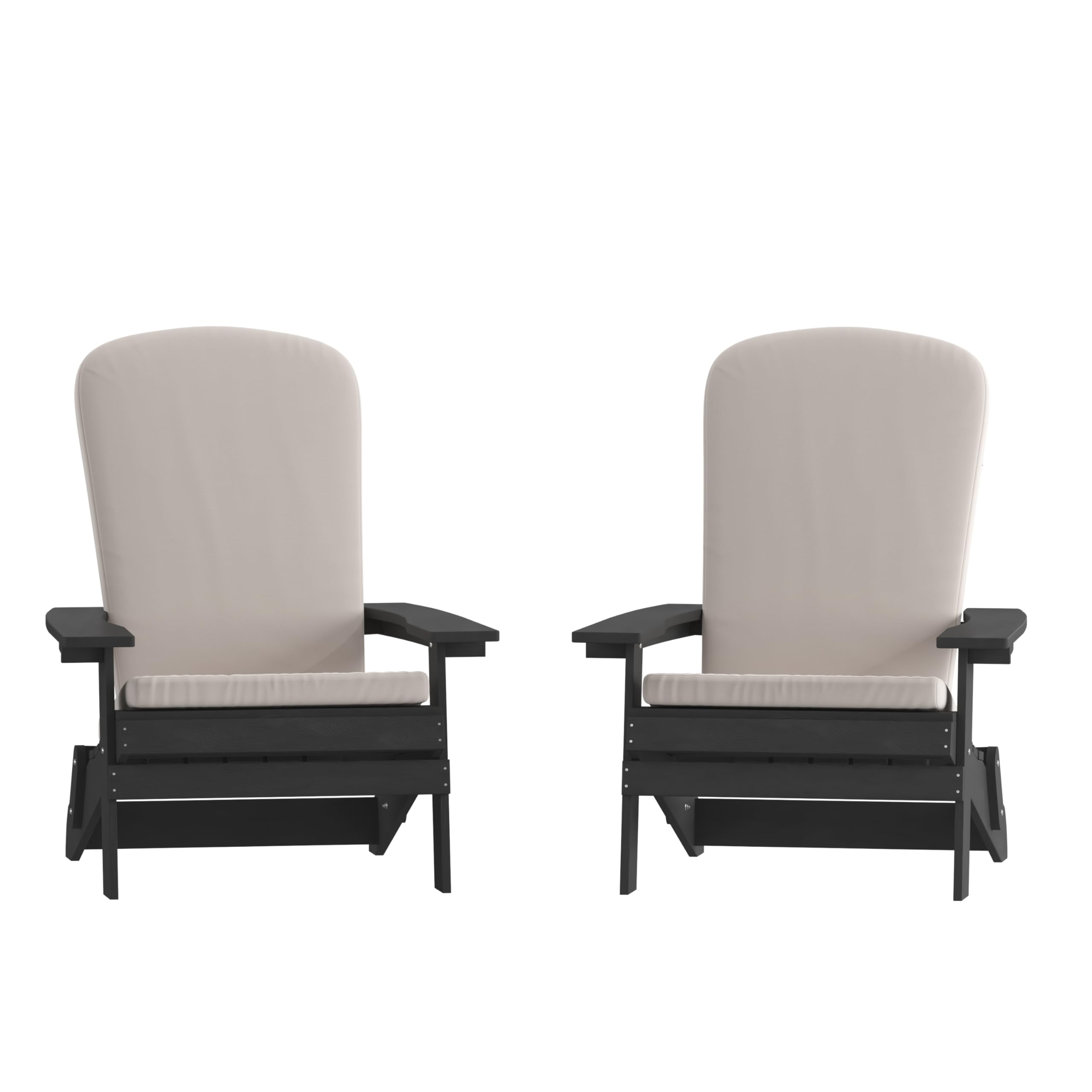 Set of 2Folding Adirondack Chairs in Black with Cream Cushions, Porch, and Patio