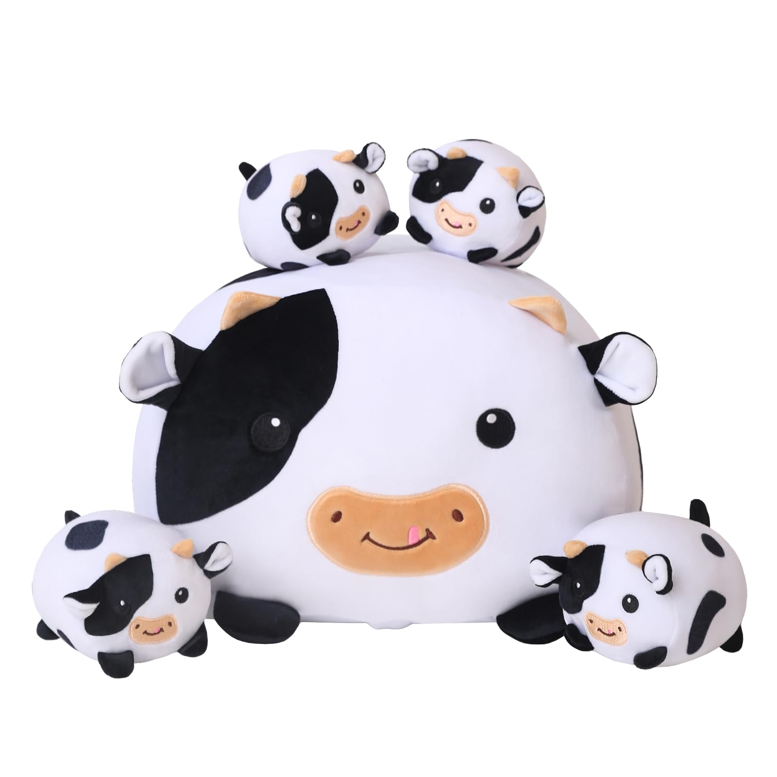 Sqeqe Cow Plush, Cute Mommy Cow Stuffed Animals With 4 Baby Cows Inside, Soft Cow Plushies Pillow Gifts For Kids Birthday