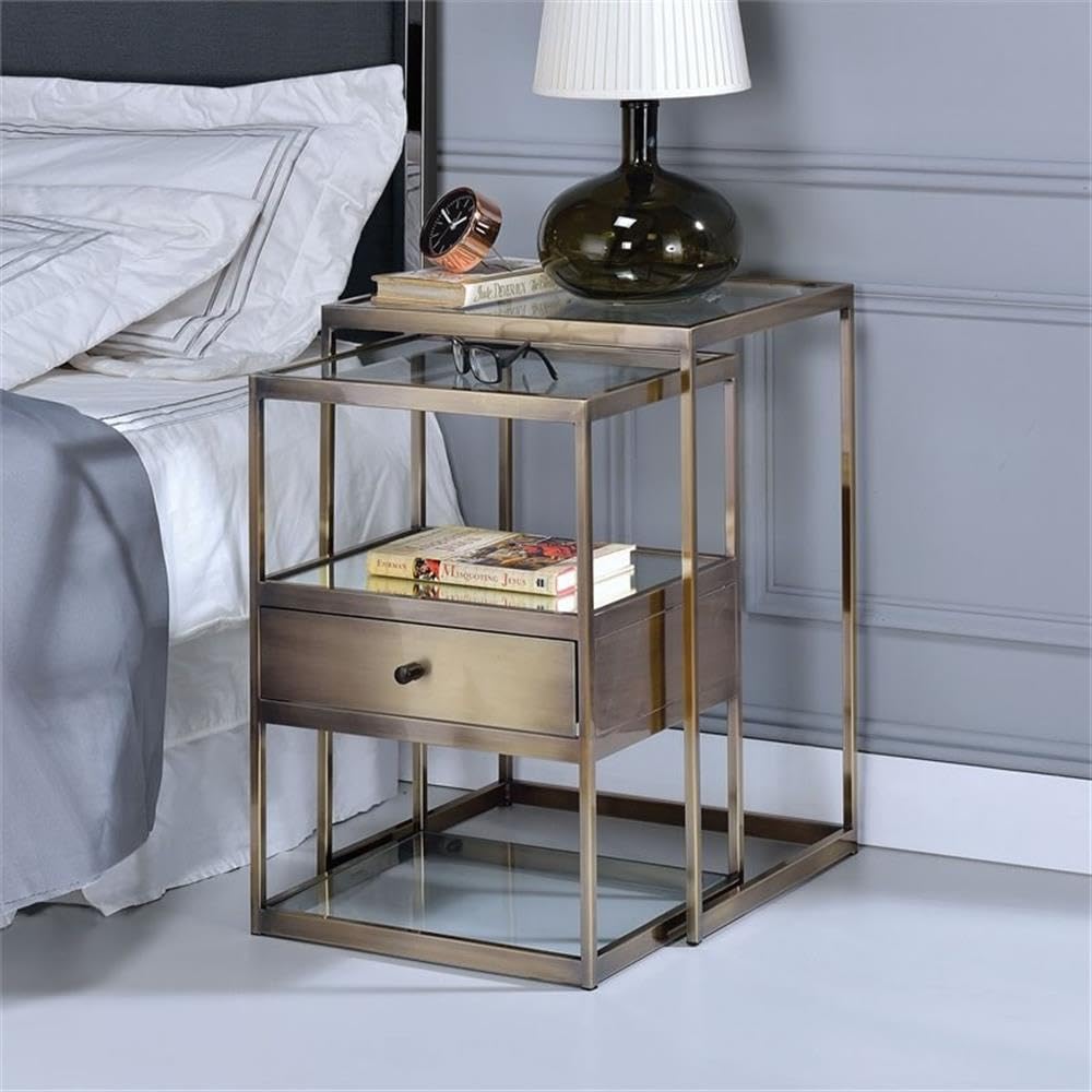 Acme Enca 2 Pieces Nesting Table in Clear Glass and Antique Brass