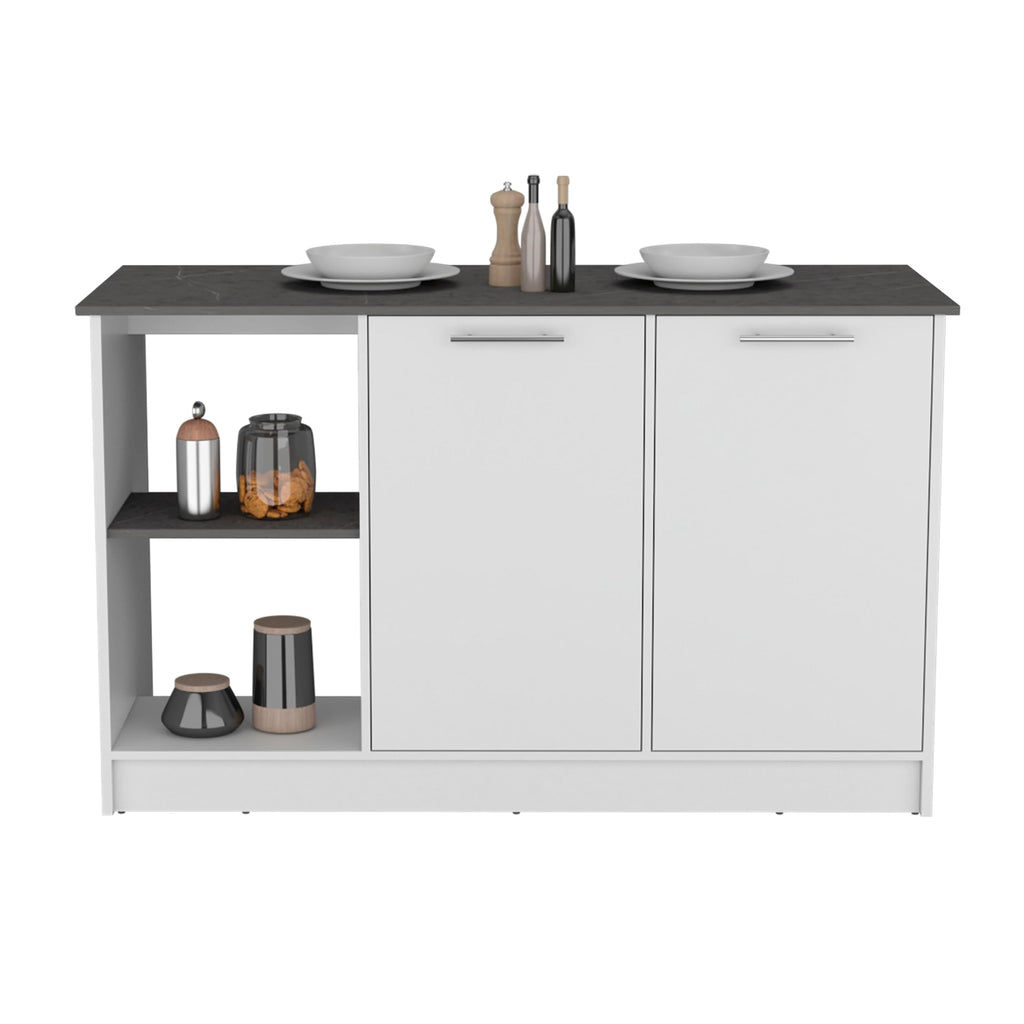 Depot E-Shop Coral Kitchen Island With Large Countertop, Open Storage Shelves And Double Door Cabinet, White/Onyx