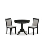 East West Furniture ANMZ3-AB6-06 3 Piece Kitchen Table & Chairs Set Contains a Round Dining Room Table with Pedestal and 2 Shitake Linen Fabric Upholstered Chairs, 36x36 Inch, Wirebrushed Black