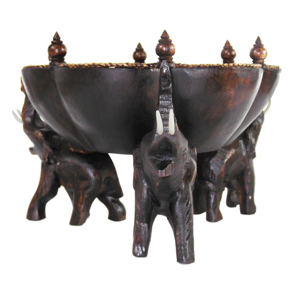 Aeravida 8 Inches Triumphant Elephants Carved Rain Tree Wooden Bowl - Fair Trade Handicraft
