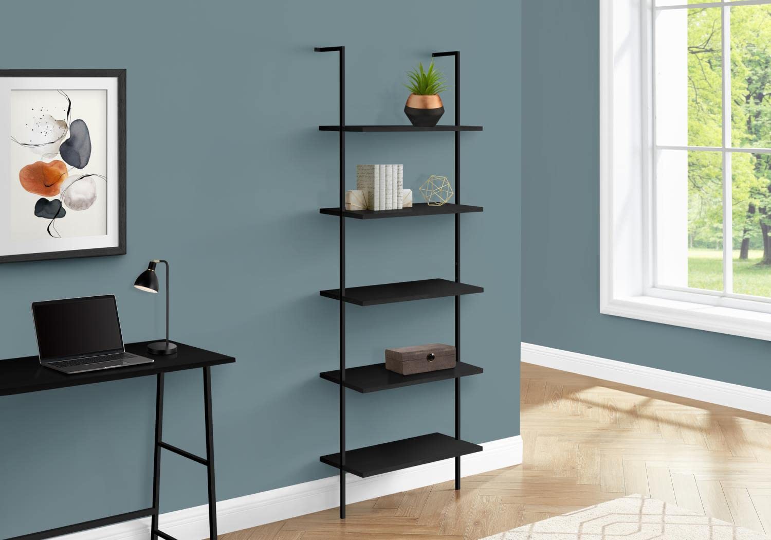 Monarch Specialties I 3683 Bookshelf, Bookcase, Etagere, Ladder, 5 Tier, 72&quot; H, Office, Bedroom, Metal, Laminate, Black, Contemporary, Modern