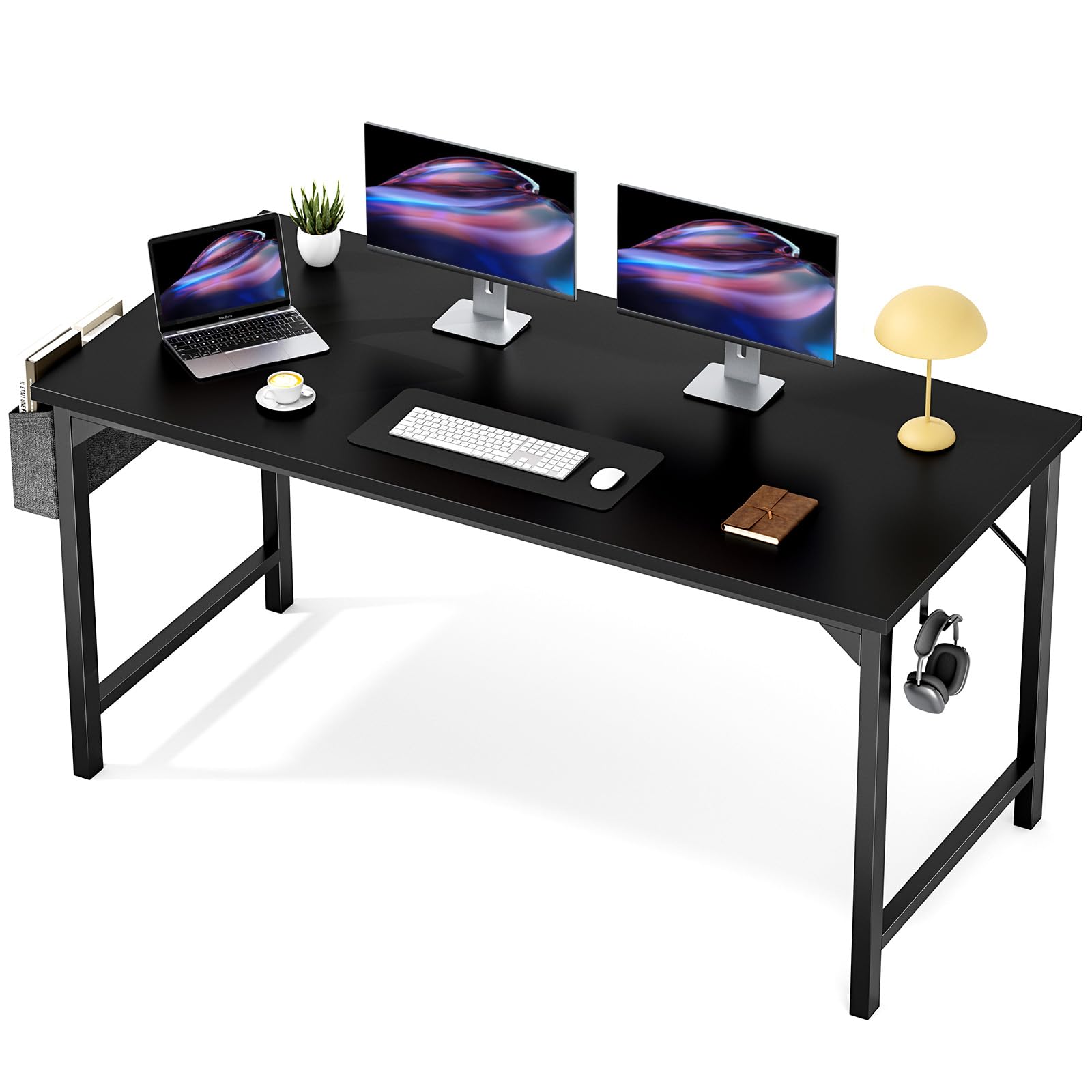 Sweetcrispy Computer Office Desk 55 Inch Student Kids Study Writing Work With Headphone Hooks & Storage Bag Modern Simple Pc Home Bedroom Table - Black