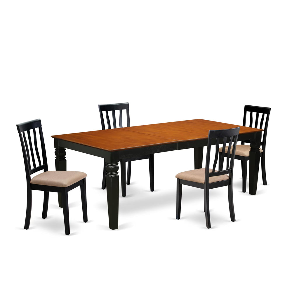 East West Furniture LGAN5-BCH-C 5 Piece Kitchen Table Set for 4 Includes a Rectangle Dining Room Table with Butterfly Leaf and 4 Linen Fabric Upholstered Chairs, 42x84 Inch, Black & Cherry