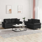 vidaXL 2-Piece Black Faux Leather Sofa Set Ideal for Living Room and Lounge Area with Supportive Plywood and Metal Frame, Includes Pillows and Cushions