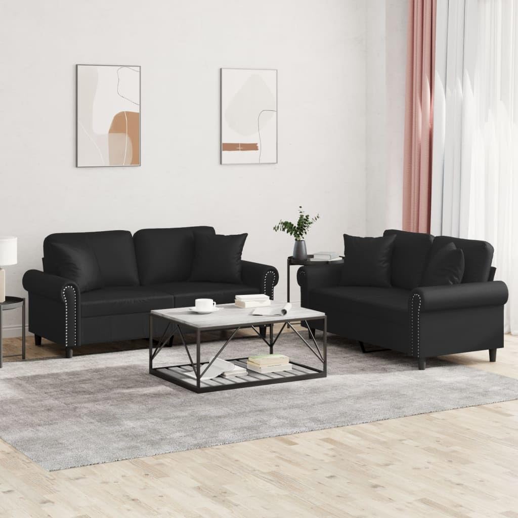 vidaXL 2-Piece Black Faux Leather Sofa Set Ideal for Living Room and Lounge Area with Supportive Plywood and Metal Frame, Includes Pillows and Cushions